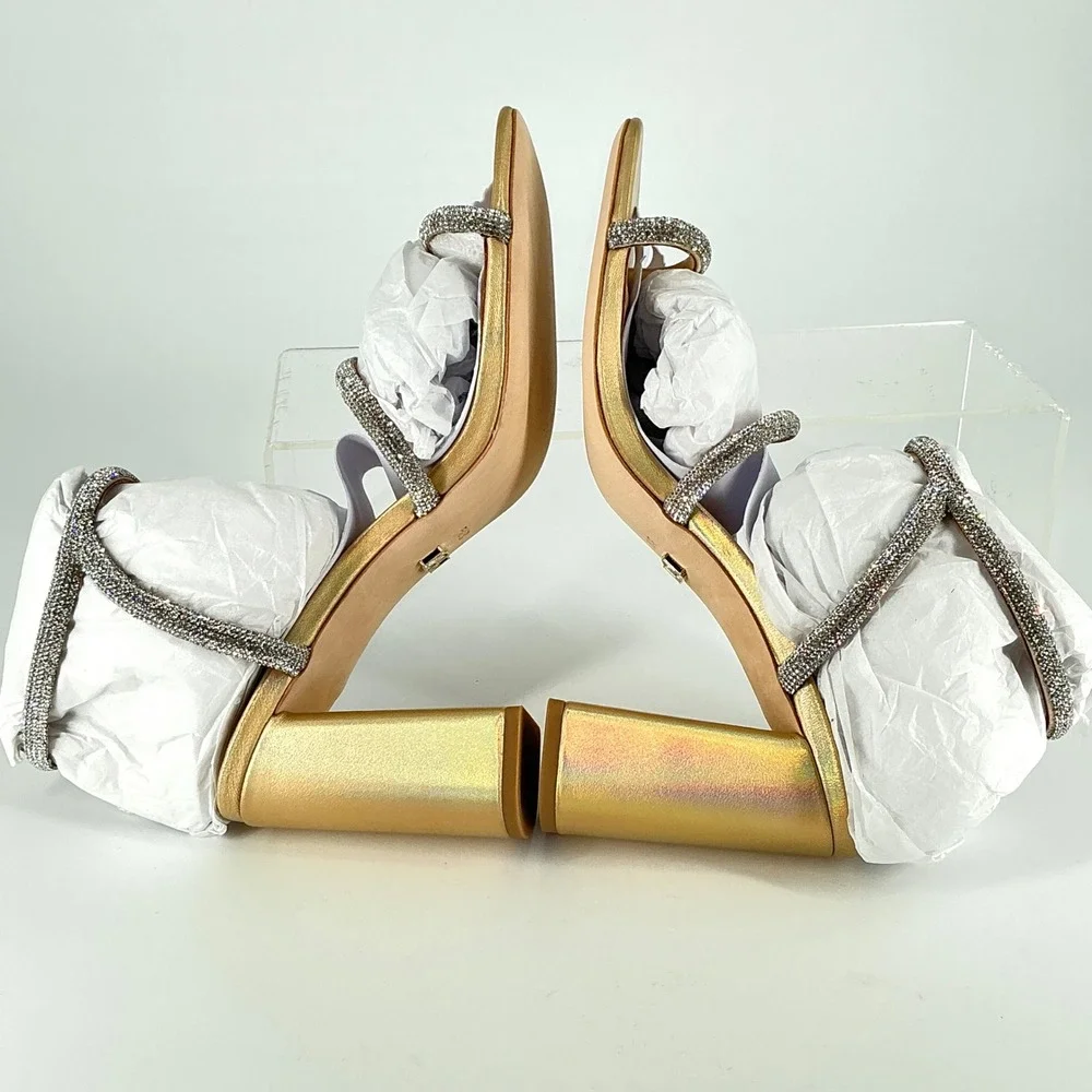Badgley Mischka Silver Crystal-Strap Gold Block Heel Sandals